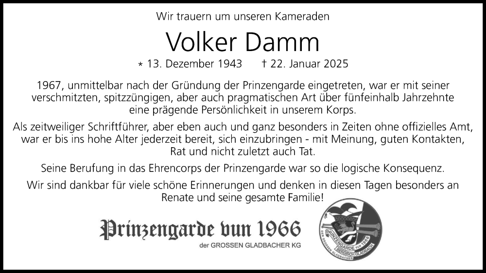  Traueranzeige für Volker Damm vom 01.02.2025 aus Kölner Stadt-Anzeiger / Kölnische Rundschau / Express