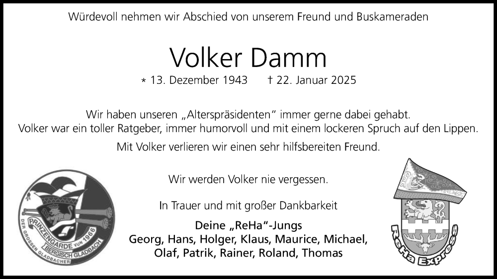  Traueranzeige für Volker Damm vom 01.02.2025 aus Kölner Stadt-Anzeiger / Kölnische Rundschau / Express