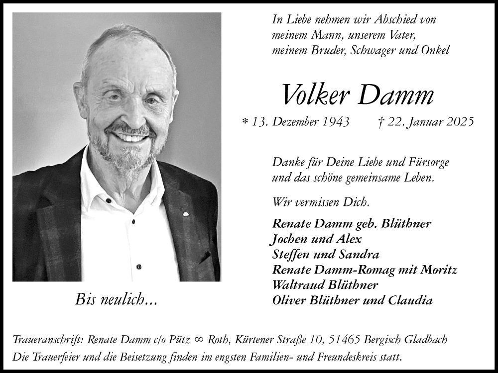  Traueranzeige für Volker Damm vom 01.02.2025 aus Kölner Stadt-Anzeiger / Kölnische Rundschau / Express