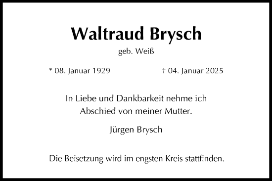 Anzeige von Waltraud Brysch von Kölner Stadt-Anzeiger / Kölnische Rundschau / Express