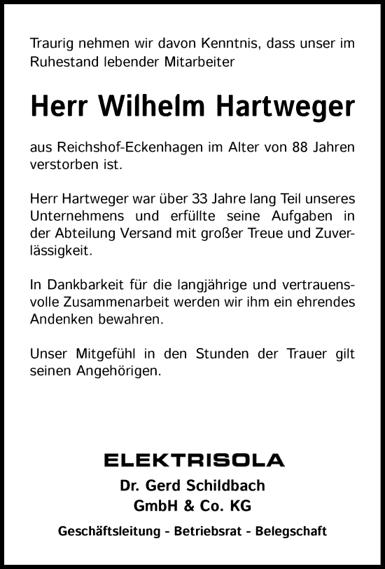 Anzeige von Wilhelm Hartweger von Kölner Stadt-Anzeiger / Kölnische Rundschau / Express