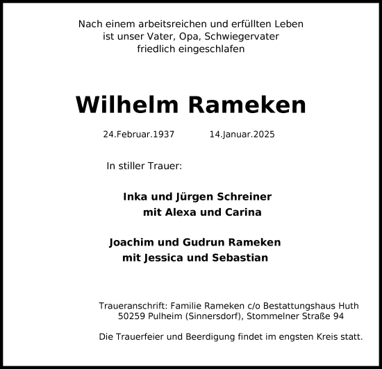 Anzeige von Wilhelm Rameken von Kölner Stadt-Anzeiger / Kölnische Rundschau / Express