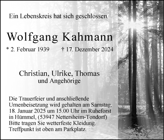 Anzeige von Wolfgang Kahmann von Kölner Stadt-Anzeiger / Kölnische Rundschau / Express