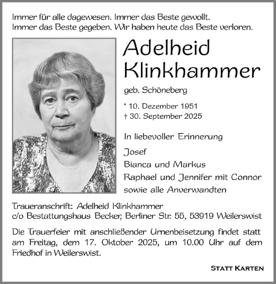 Anzeige von Adelheid Klinkhammer von  Blickpunkt Euskirchen 