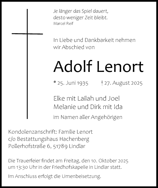 Anzeige von Adolf Lenort von Kölner Stadt-Anzeiger / Kölnische Rundschau / Express
