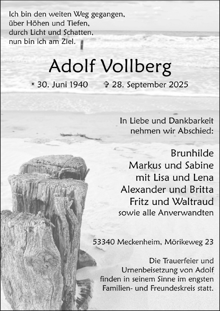  Traueranzeige für Adolf Vollberg vom 02.10.2025 aus  Schaufenster/Blickpunkt 