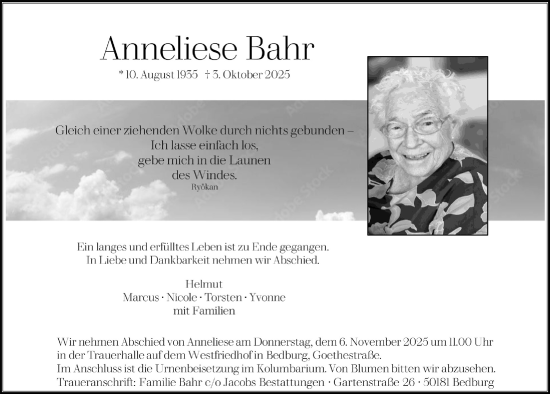 Anzeige von Anneliese Bahr von  Werbepost 
