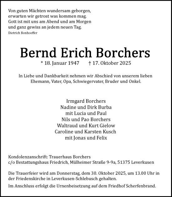 Anzeige von Bernd Erich Borchers von Kölner Stadt-Anzeiger / Kölnische Rundschau / Express