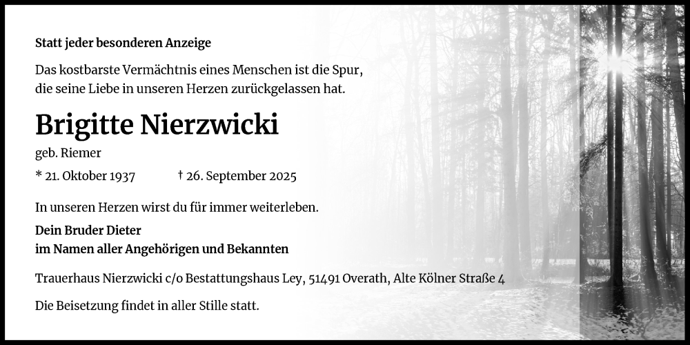  Traueranzeige für Brigitte Nierzwicki vom 11.10.2025 aus Kölner Stadt-Anzeiger / Kölnische Rundschau / Express