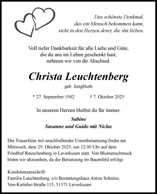 Anzeige von Christa Leuchtenberg von Kölner Stadt-Anzeiger / Kölnische Rundschau / Express