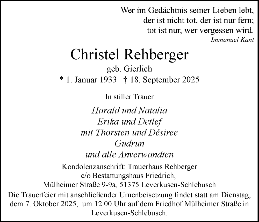  Traueranzeige für Christel Rehberger vom 04.10.2025 aus Kölner Stadt-Anzeiger / Kölnische Rundschau / Express