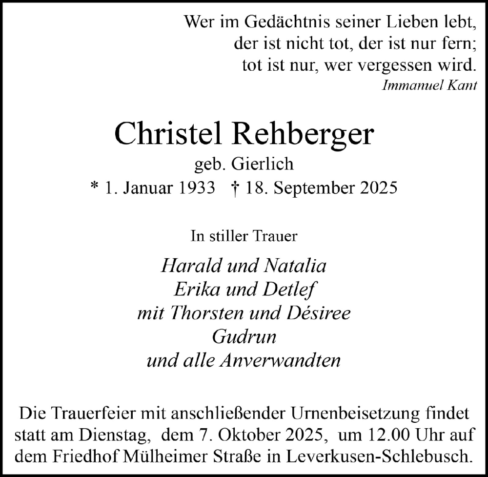  Traueranzeige für Christel Rehberger vom 02.10.2025 aus  Lokale Informationen 