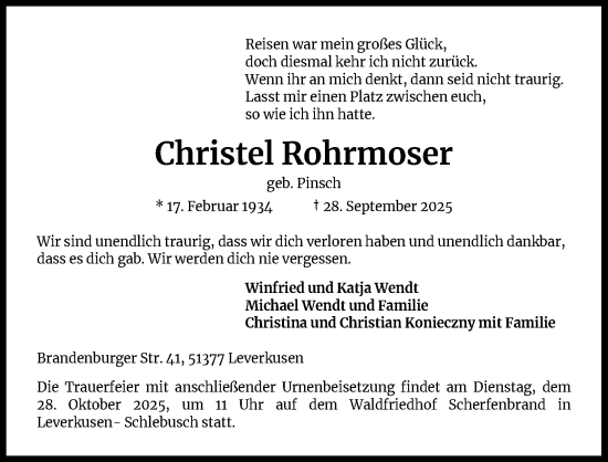 Anzeige von Christel Rohrmoser von Kölner Stadt-Anzeiger / Kölnische Rundschau / Express