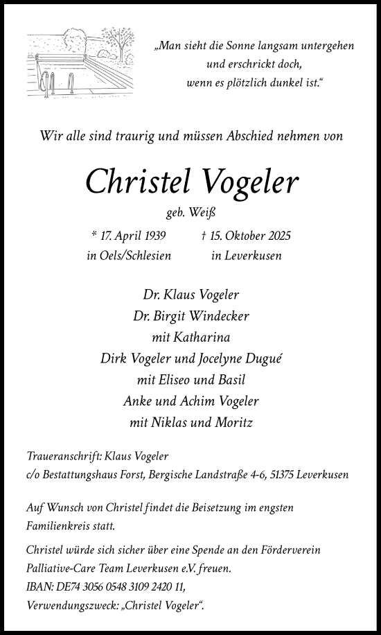 Anzeige von Christel Vogeler von Kölner Stadt-Anzeiger / Kölnische Rundschau / Express