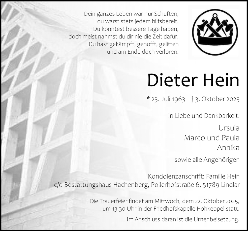  Traueranzeige für Dieter Hein vom 17.10.2025 aus  Anzeigen Echo 