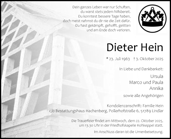 Anzeige von Dieter Hein von Kölner Stadt-Anzeiger / Kölnische Rundschau / Express