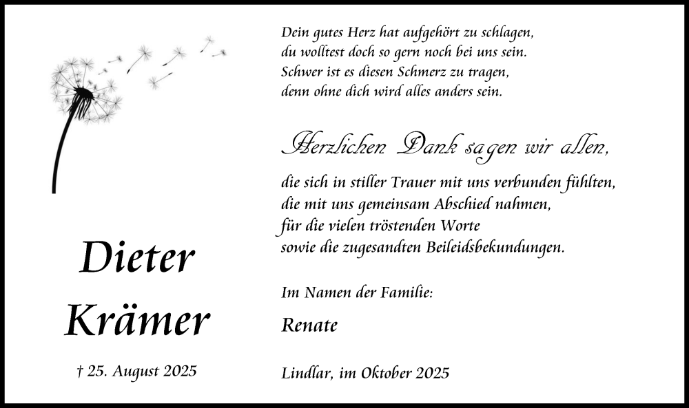  Traueranzeige für Dieter Krämer vom 18.10.2025 aus Kölner Stadt-Anzeiger / Kölnische Rundschau / Express