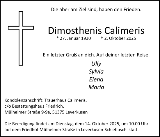 Anzeige von Dimosthenis Calimeris von Kölner Stadt-Anzeiger / Kölnische Rundschau / Express