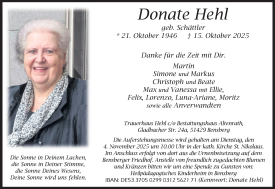 Anzeige von Donate Hehl von Kölner Stadt-Anzeiger / Kölnische Rundschau / Express