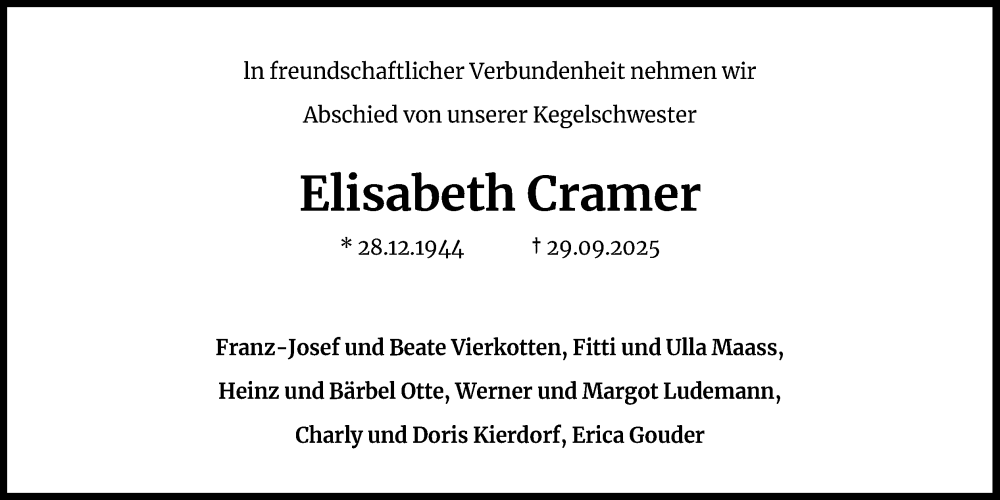 Traueranzeige für Elisabeth Cramer vom 11.10.2025 aus Kölner Stadt-Anzeiger / Kölnische Rundschau / Express