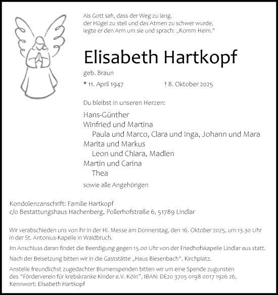 Anzeige von Elisabeth Hartkopf von Kölner Stadt-Anzeiger / Kölnische Rundschau / Express