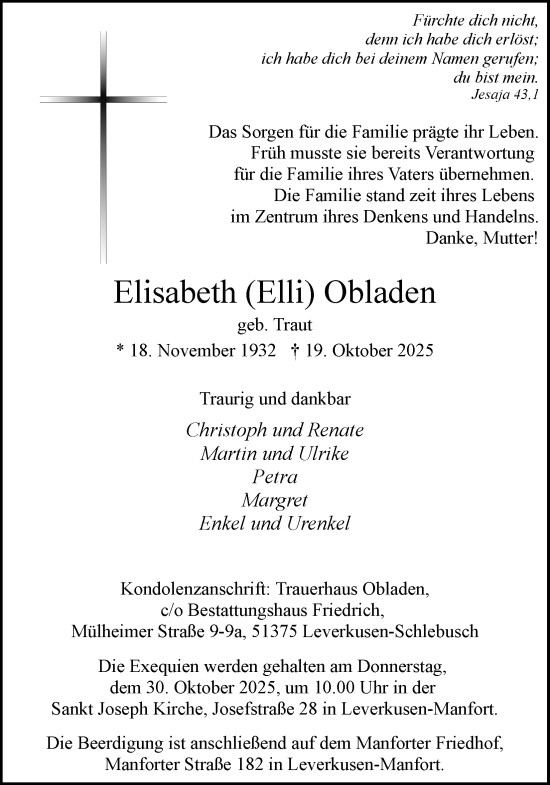 Anzeige von Elisabeth Obladen von Kölner Stadt-Anzeiger / Kölnische Rundschau / Express