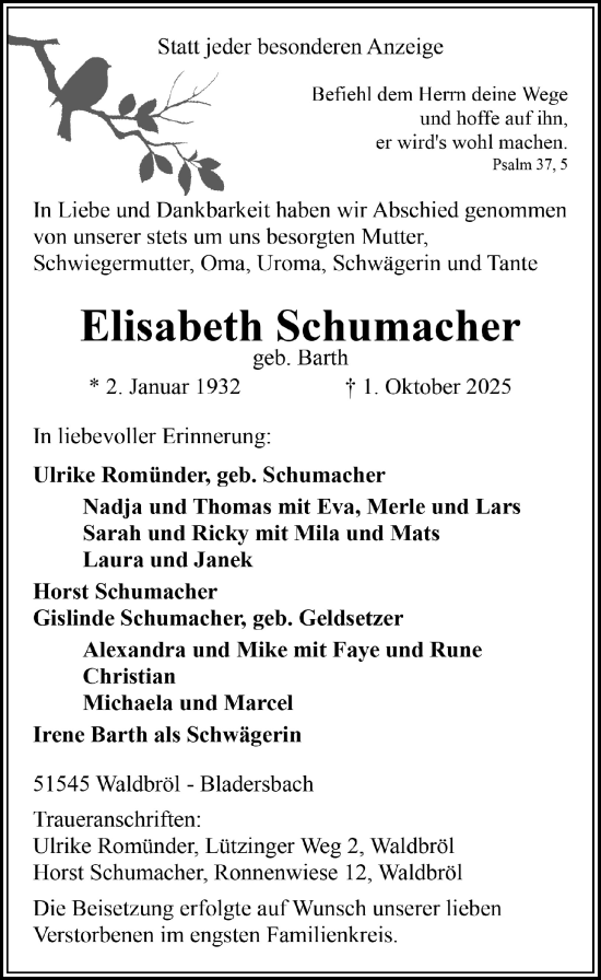 Anzeige von Elisabeth Schumacher von  Lokalanzeiger 