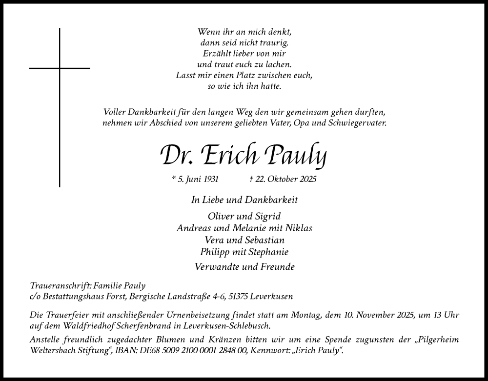  Traueranzeige für Erich Pauly vom 01.11.2025 aus Kölner Stadt-Anzeiger / Kölnische Rundschau / Express