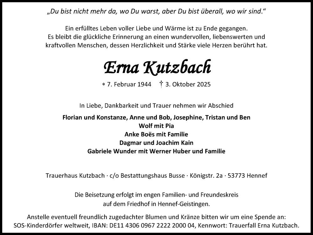  Traueranzeige für Erna Kutzbach vom 25.10.2025 aus Kölner Stadt-Anzeiger / Kölnische Rundschau / Express