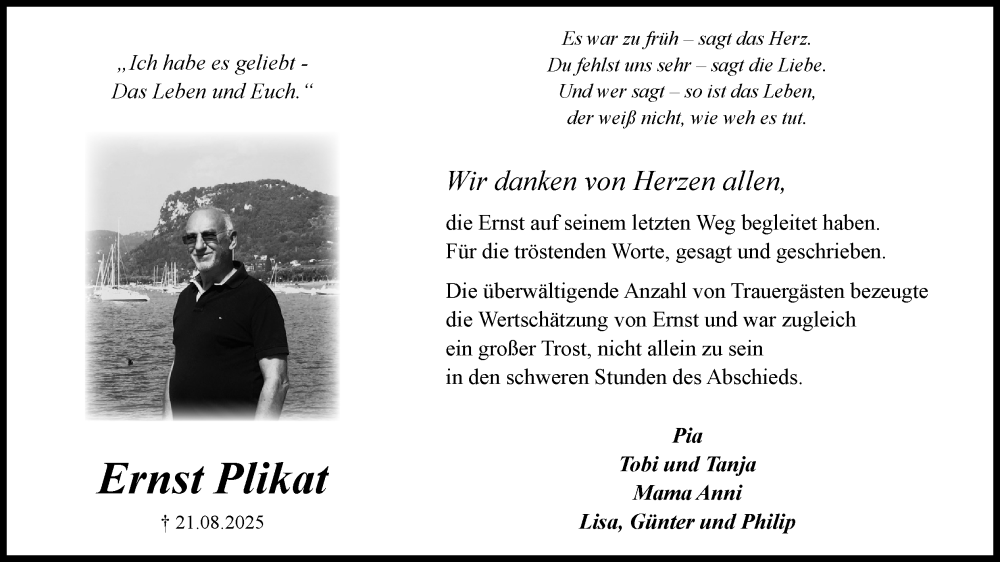  Traueranzeige für Ernst Plikat vom 11.10.2025 aus Kölner Stadt-Anzeiger / Kölnische Rundschau / Express