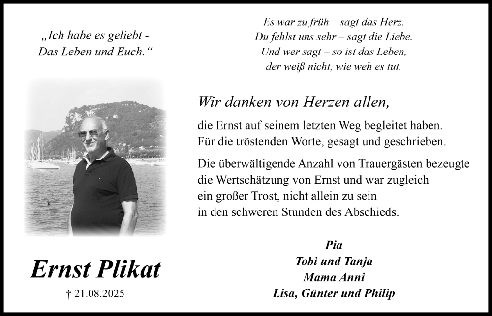  Traueranzeige für Ernst Plikat vom 10.10.2025 aus  Lokale Informationen 