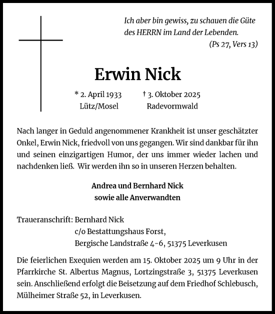 Anzeige von Erwin Nick von Kölner Stadt-Anzeiger / Kölnische Rundschau / Express