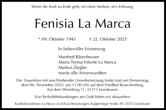 Anzeige von Fenisia La Marca von Kölner Stadt-Anzeiger / Kölnische Rundschau / Express
