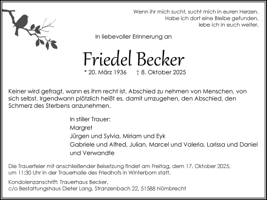 Anzeige von Friedel Becker von Kölner Stadt-Anzeiger / Kölnische Rundschau / Express