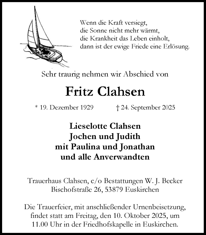  Traueranzeige für Fritz Clahsen vom 04.10.2025 aus Kölner Stadt-Anzeiger / Kölnische Rundschau / Express