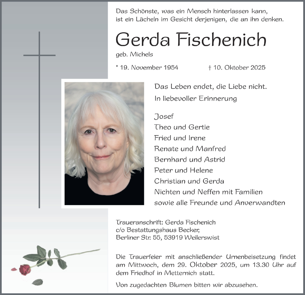  Traueranzeige für Gerda Fischenich vom 18.10.2025 aus  Blickpunkt Euskirchen 