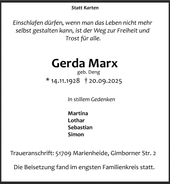 Anzeige von Gerda Marx von  Anzeigen Echo 