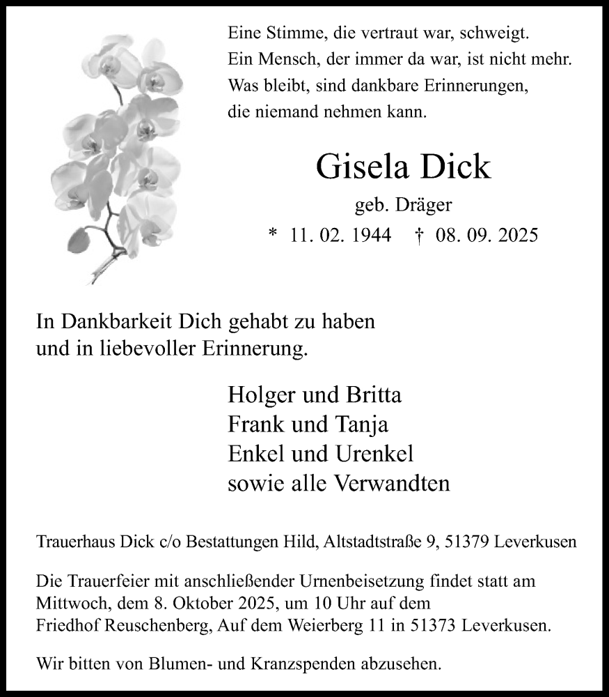  Traueranzeige für Gisela Dick vom 04.10.2025 aus Kölner Stadt-Anzeiger / Kölnische Rundschau / Express