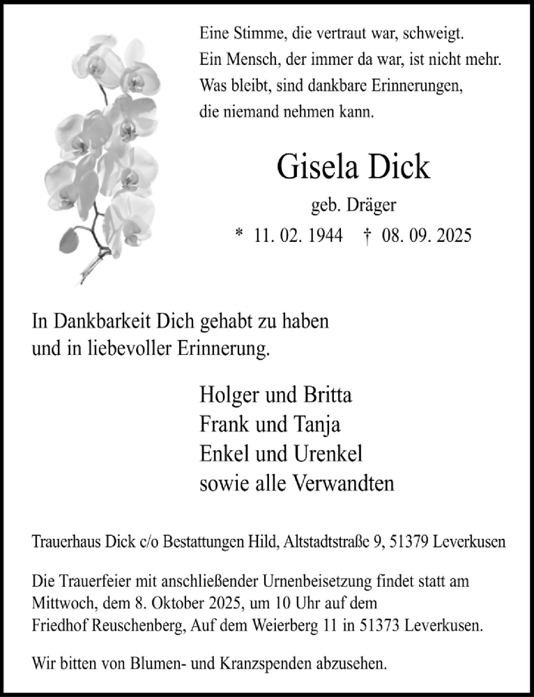 Traueranzeige für Gisela Dick vom 02.10.2025 aus  Lokale Informationen 