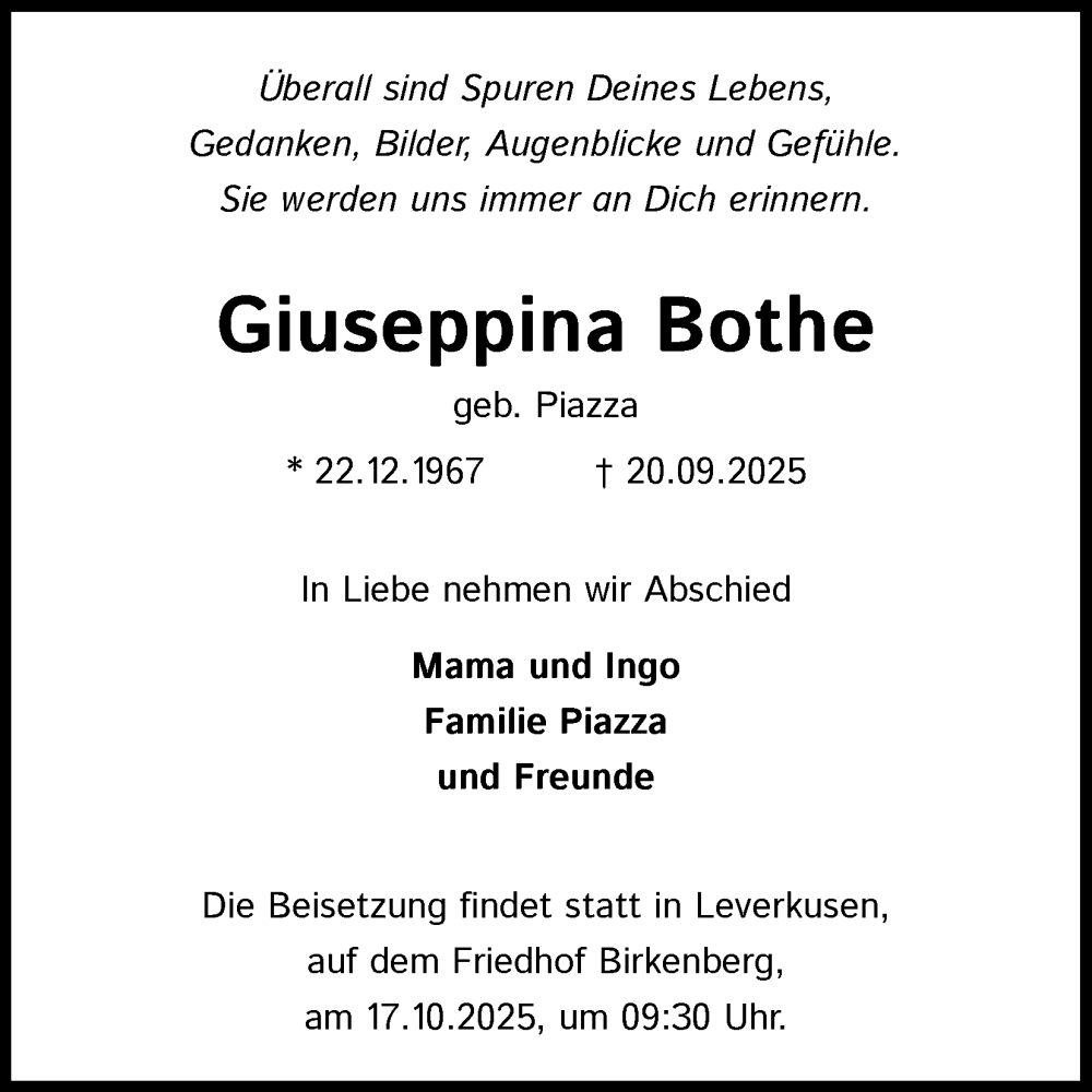  Traueranzeige für Giuseppina Bothe vom 14.10.2025 aus Kölner Stadt-Anzeiger / Kölnische Rundschau / Express