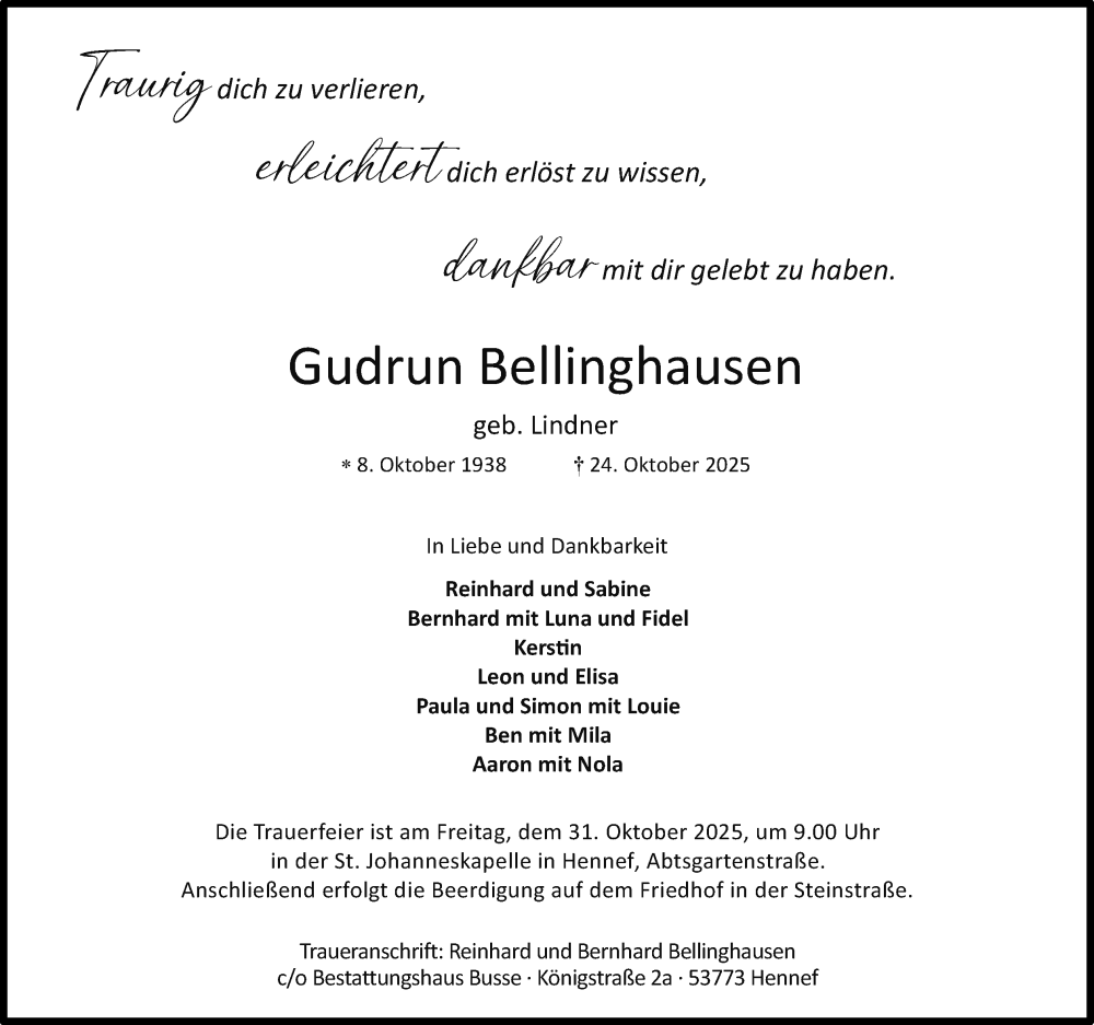  Traueranzeige für Gudrun Bellinghausen vom 29.10.2025 aus Kölner Stadt-Anzeiger / Kölnische Rundschau / Express
