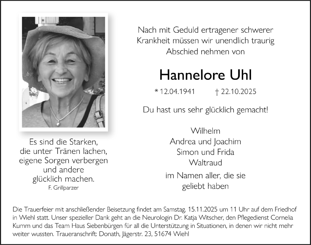  Traueranzeige für Hannelore Uhl vom 31.10.2025 aus  Anzeigen Echo 