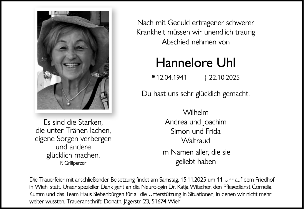  Traueranzeige für Hannelore Uhl vom 30.10.2025 aus Kölner Stadt-Anzeiger / Kölnische Rundschau / Express