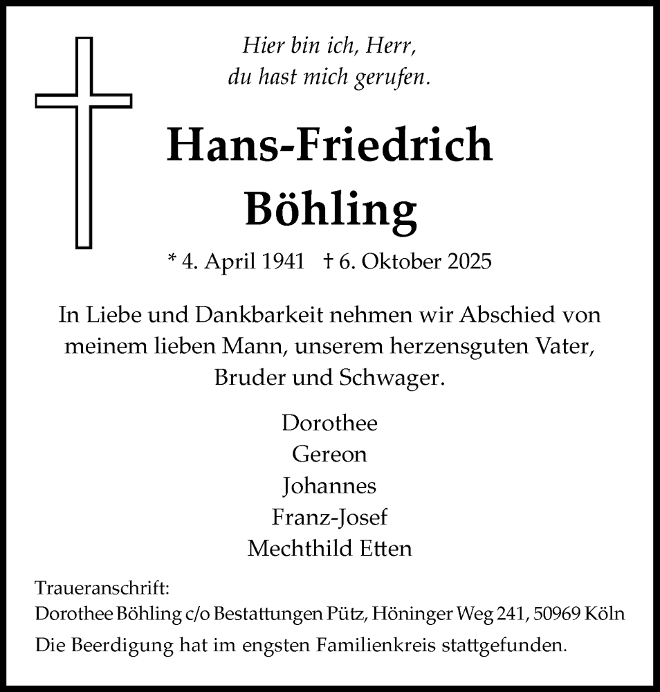  Traueranzeige für Hans-Friedrich Böhling vom 18.10.2025 aus Kölner Stadt-Anzeiger / Kölnische Rundschau / Express