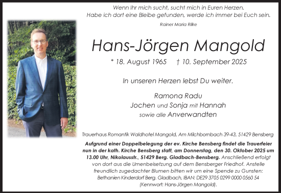 Anzeige von Hans-Jörgen Mangold von Kölner Stadt-Anzeiger / Kölnische Rundschau / Express