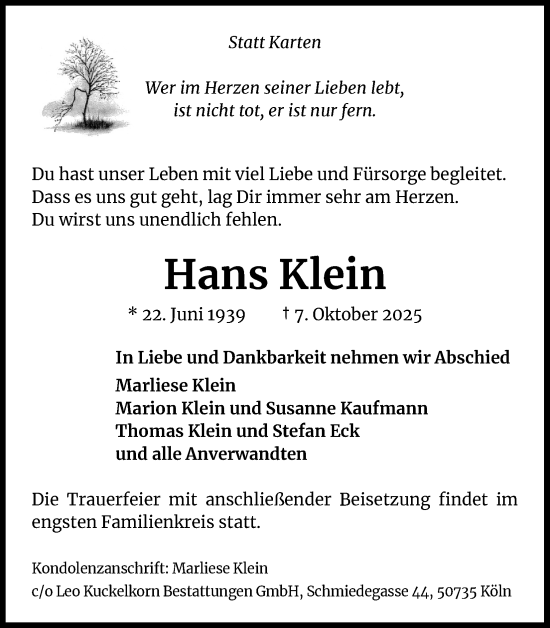 Anzeige von Hans Klein von Kölner Stadt-Anzeiger / Kölnische Rundschau / Express