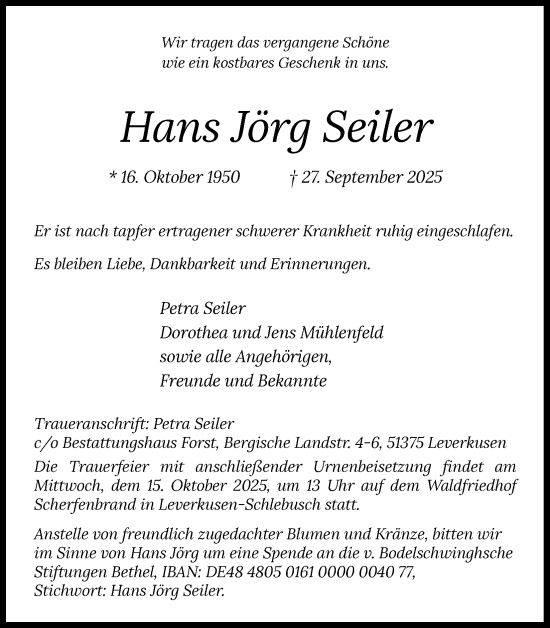 Anzeige von Hans Jörg Seiler von Kölner Stadt-Anzeiger / Kölnische Rundschau / Express