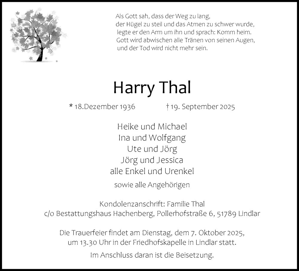 Traueranzeige für Harry Thal vom 04.10.2025 aus Kölner Stadt-Anzeiger / Kölnische Rundschau / Express