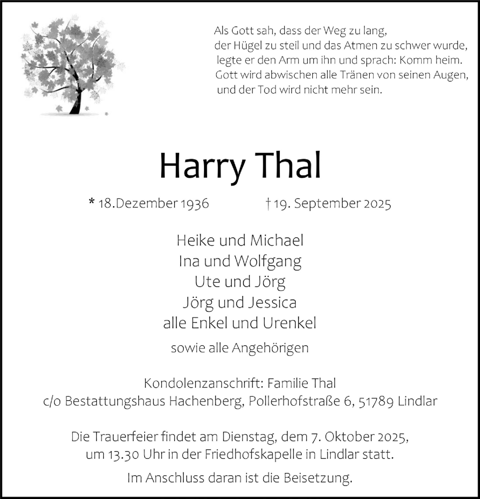  Traueranzeige für Harry Thal vom 02.10.2025 aus  Anzeigen Echo 
