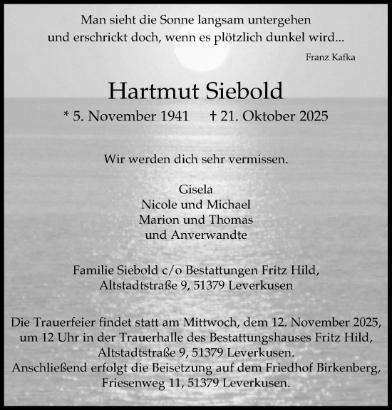 Anzeige von Hartmut Siebold von Kölner Stadt-Anzeiger / Kölnische Rundschau / Express